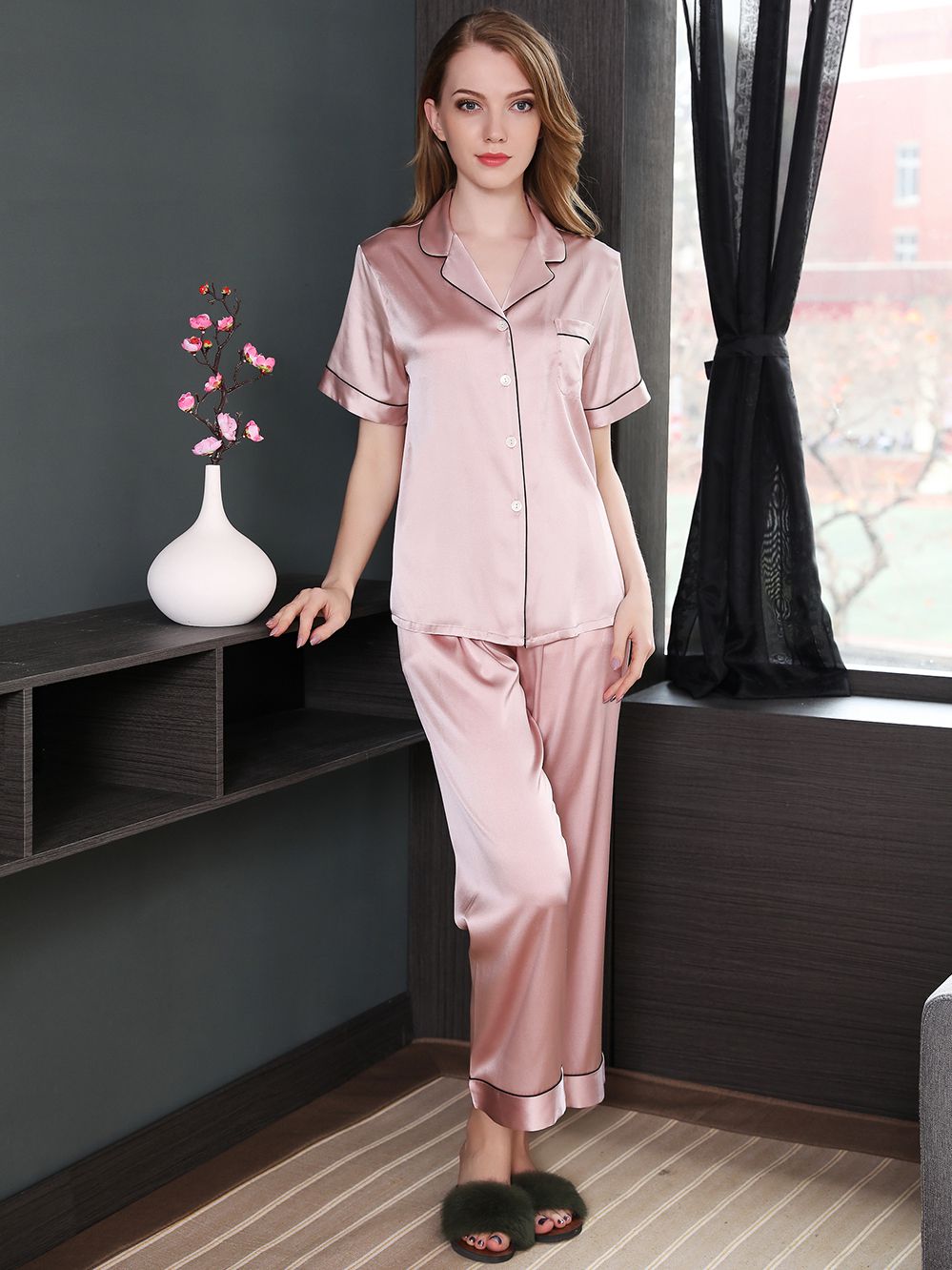 19 Momme Short Sleeved Silk Pajama Set with Trimming