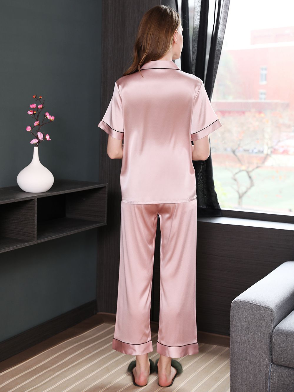 19 Momme Short Sleeved Silk Pajama Set with Trimming