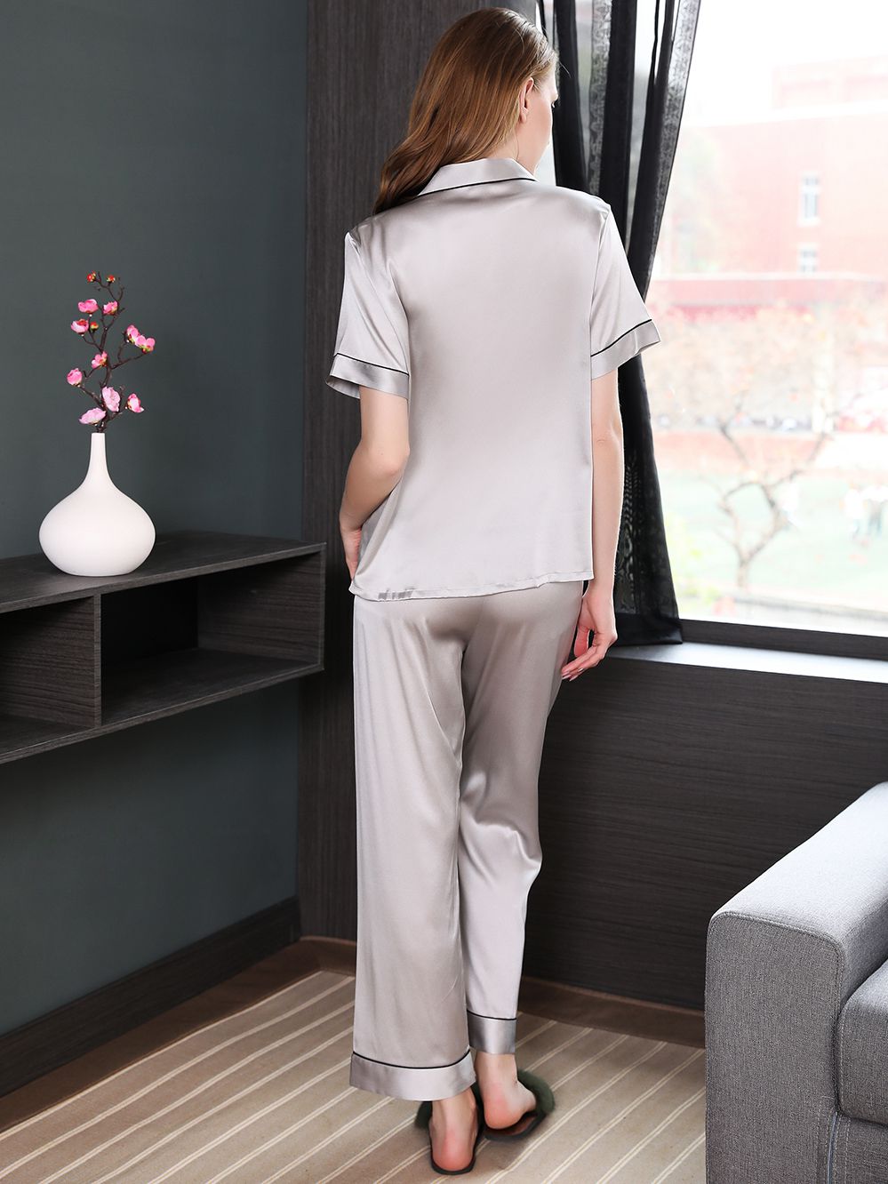 19 Momme Short Sleeved Silk Pajama Set with Trimming
