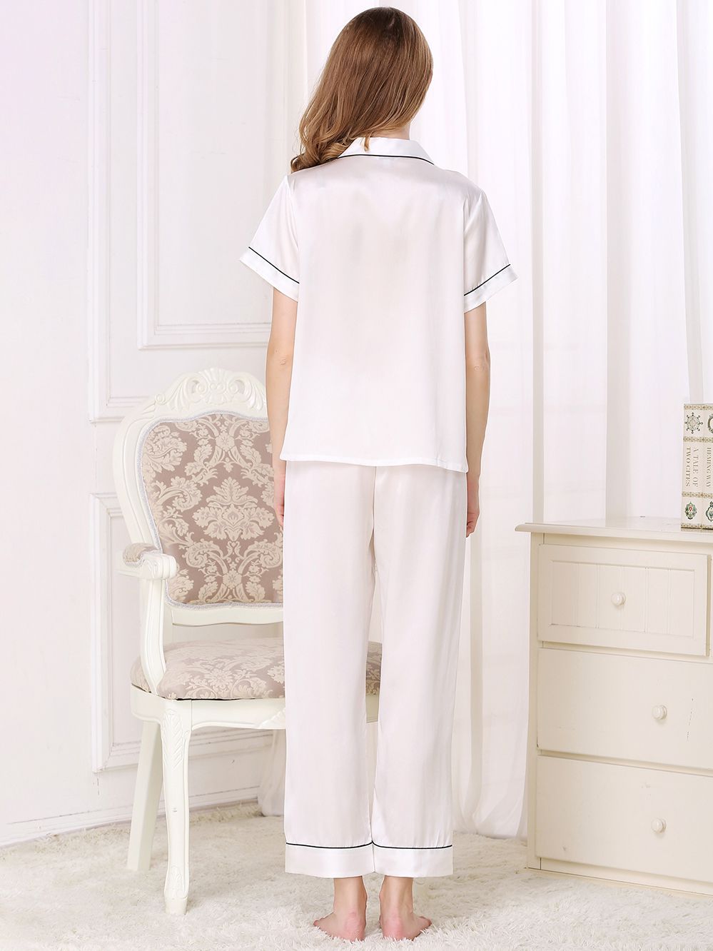 22 Momme Short Sleeved Silk Pajama Set with Trimming