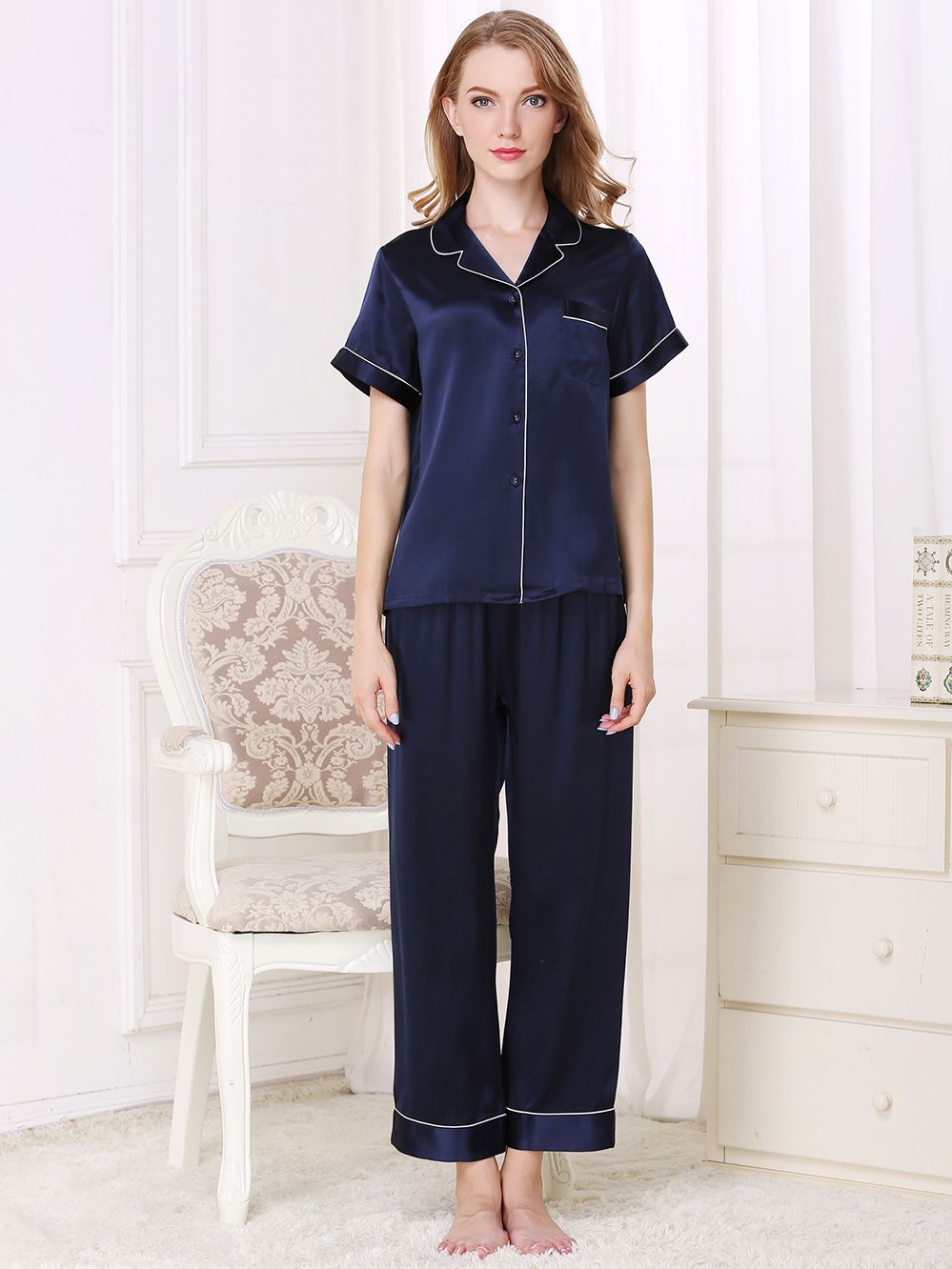 19 Momme Short Sleeved Silk Pajama Set with Trimming