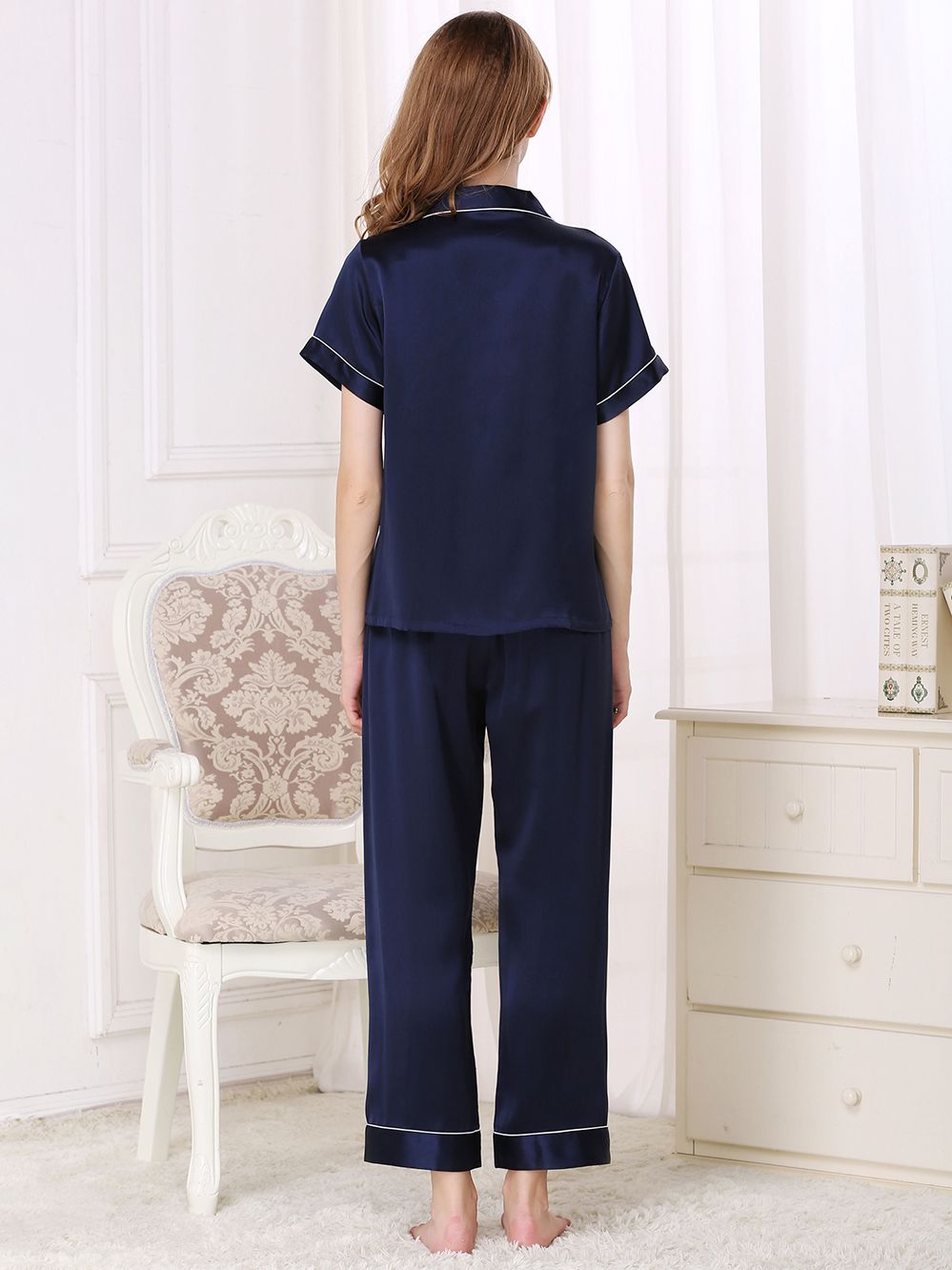19 Momme Short Sleeved Silk Pajama Set with Trimming