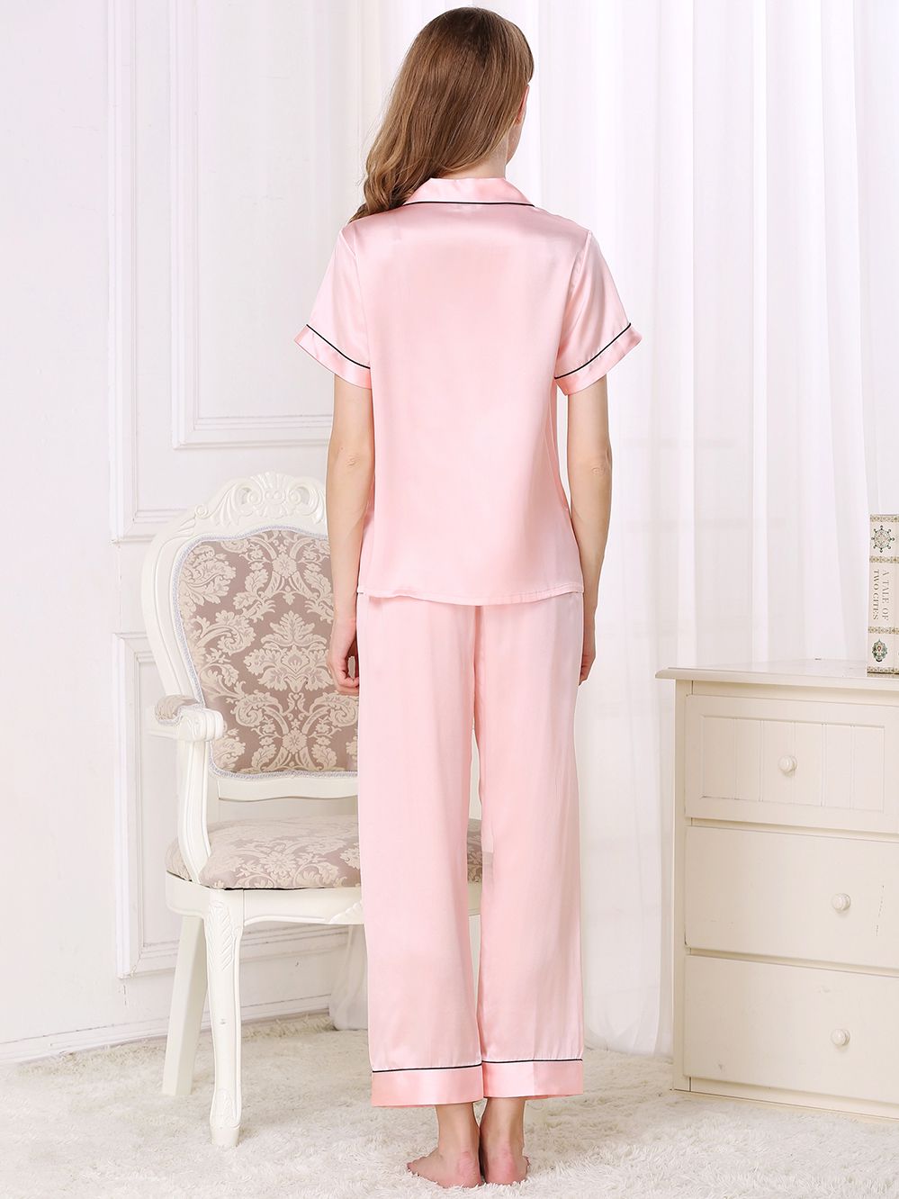 19 Momme Short Sleeved Silk Pajama Set with Trimming