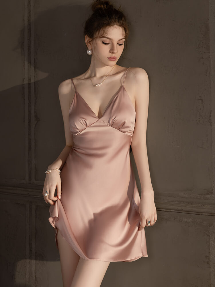 22 Momme Sexy Mini Silk Slip Nightgown with Ruched Triangle Cups 22 Momme Sexy Mini Silk Slip Nightgown with Ruched Triangle Cups