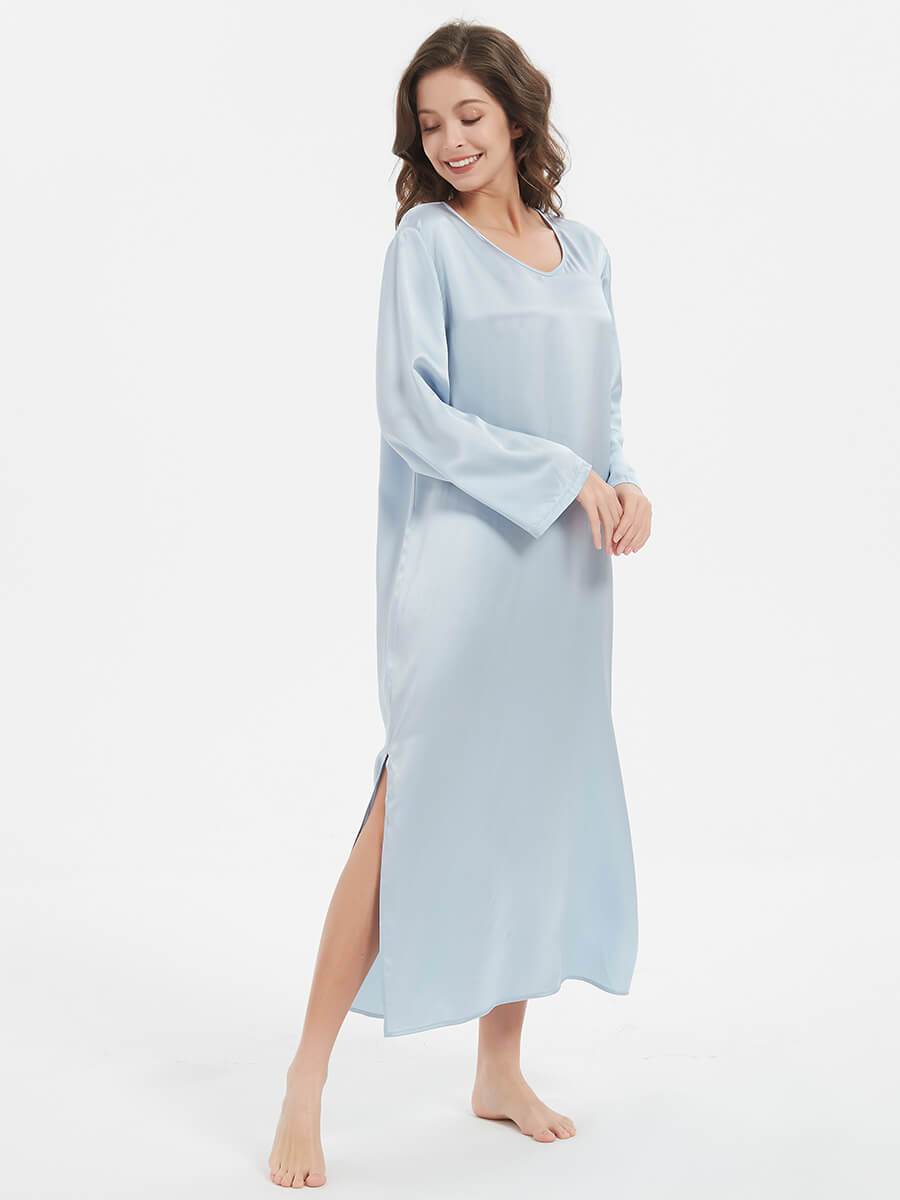 19 Momme Ankle Length Light Blue Silk Nightdress With Side Slits