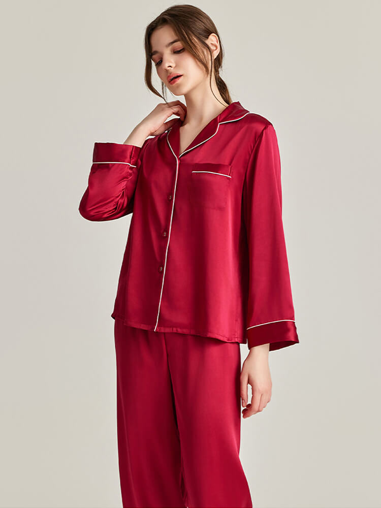 19 Momme Navy Blue Printed Long Sleeve Silk Pajama Set for Women