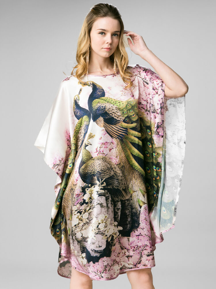 Peacock and Blossom Printed Pure Mulberry Silk Caftan