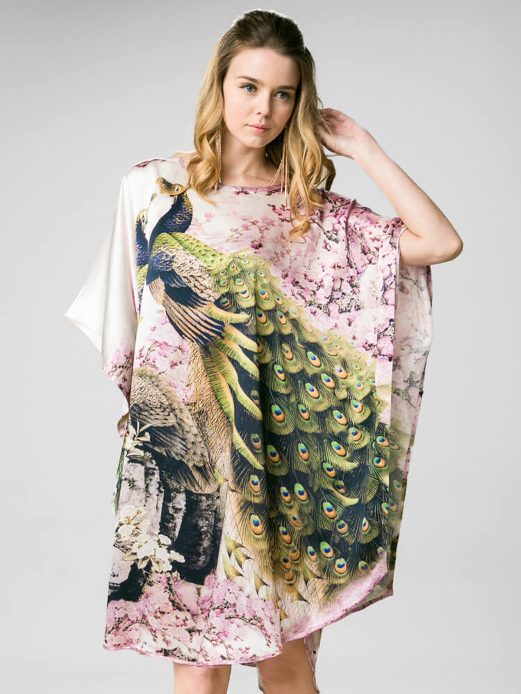 Peacock and Blossom Printed Pure Mulberry Silk Caftan