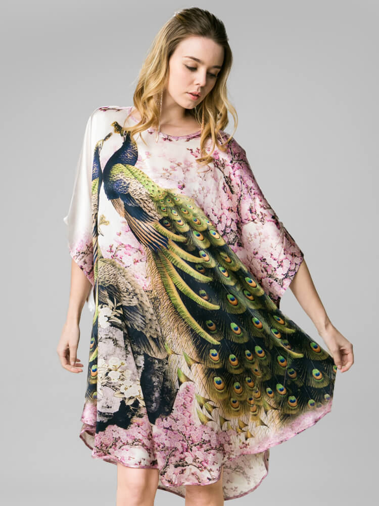 Peacock and Blossom Printed Pure Mulberry Silk Caftan