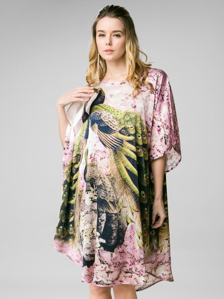 Peacock and Blossom Printed Pure Mulberry Silk Caftan