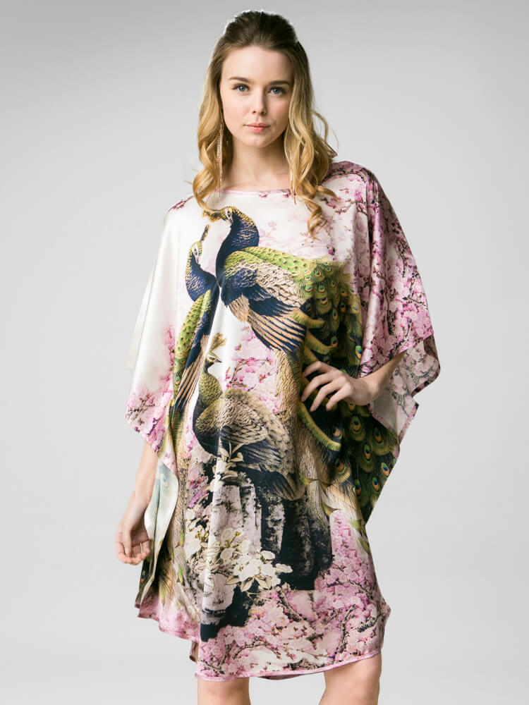 Peacock and Blossom Printed Pure Mulberry Silk Caftan
