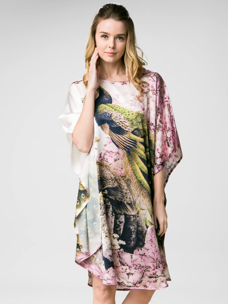 Peacock and Blossom Printed Pure Mulberry Silk Caftan