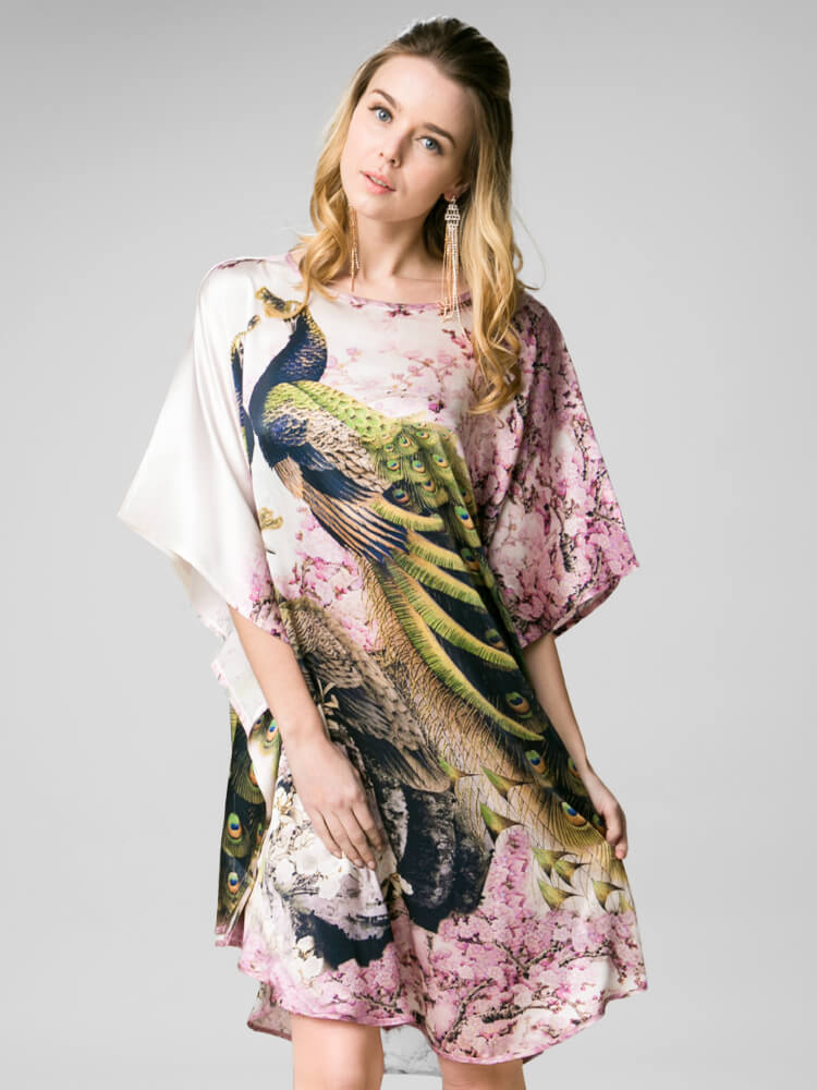Peacock and Blossom Printed Pure Mulberry Silk Caftan