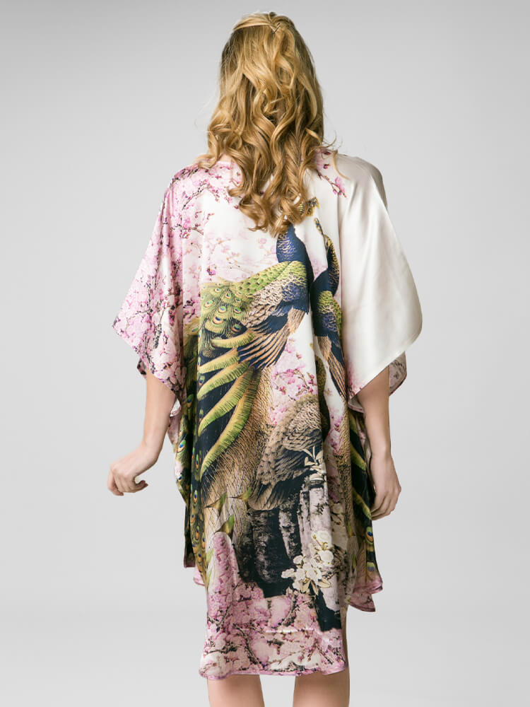 Peacock and Blossom Printed Pure Mulberry Silk Caftan