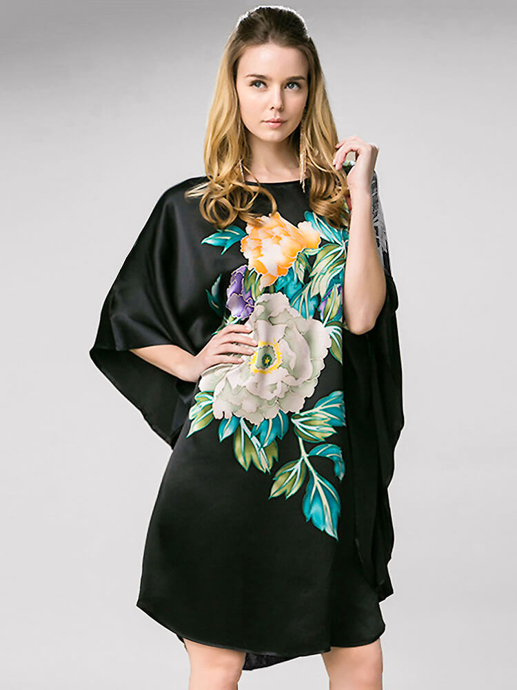 Peonies Floral Black Printed Pure Mulberry Silk Caftan