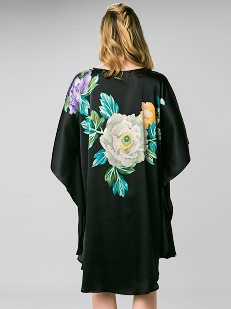 Peonies Floral Black Printed Pure Mulberry Silk Caftan