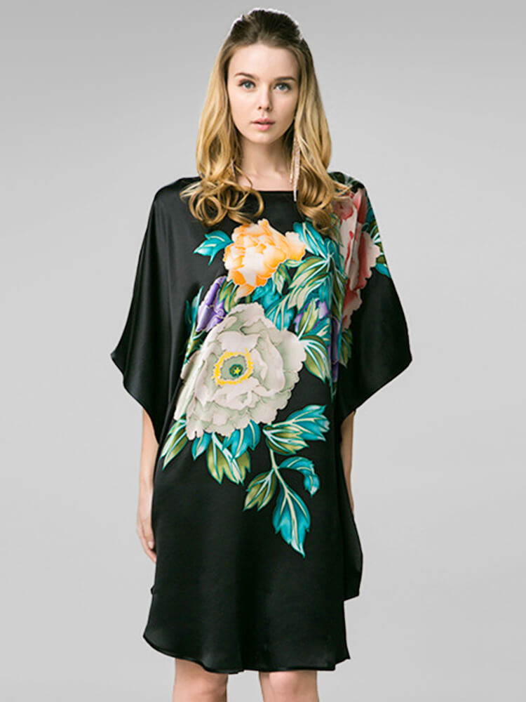 Peonies Floral Black Printed Pure Mulberry Silk Caftan