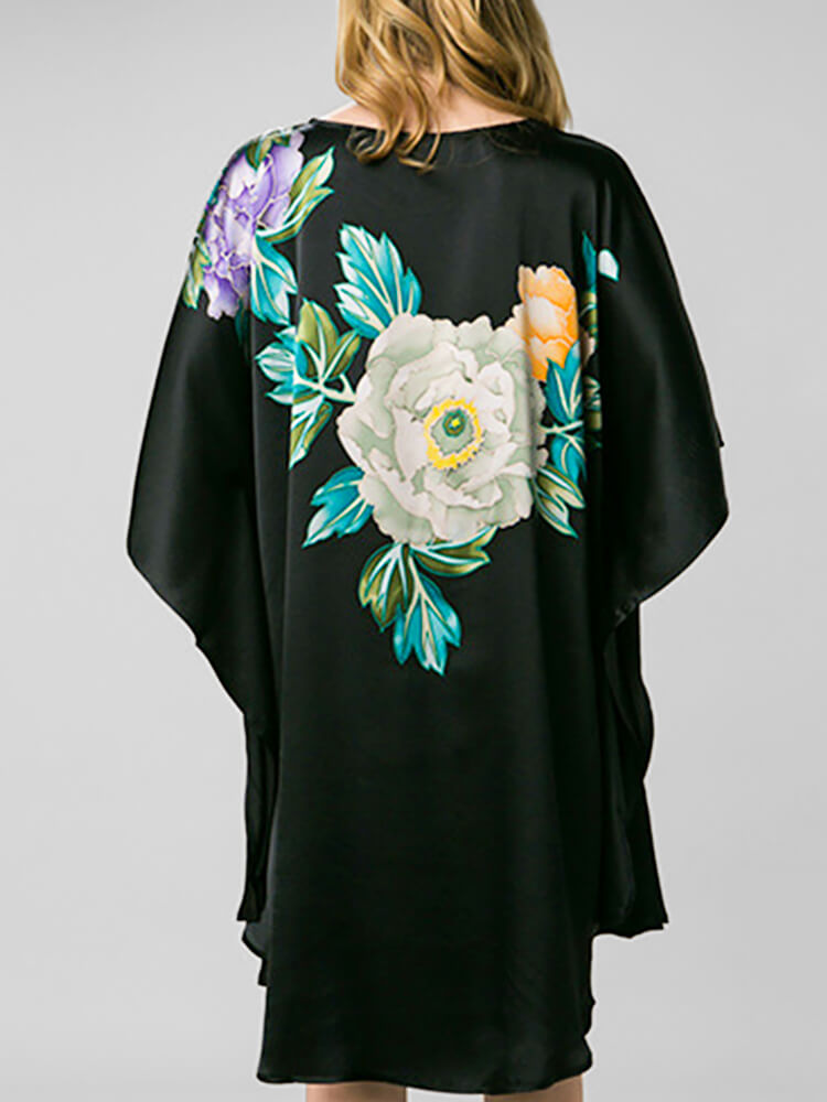 Peonies Floral Black Printed Pure Mulberry Silk Caftan