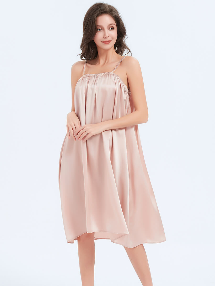 22 Momme Rosy Pink Long Pleated Silk Chemise Nightgown