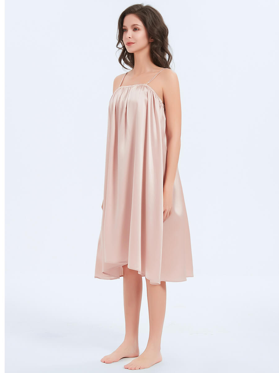 22 Momme Rosy Pink Long Pleated Silk Chemise Nightgown