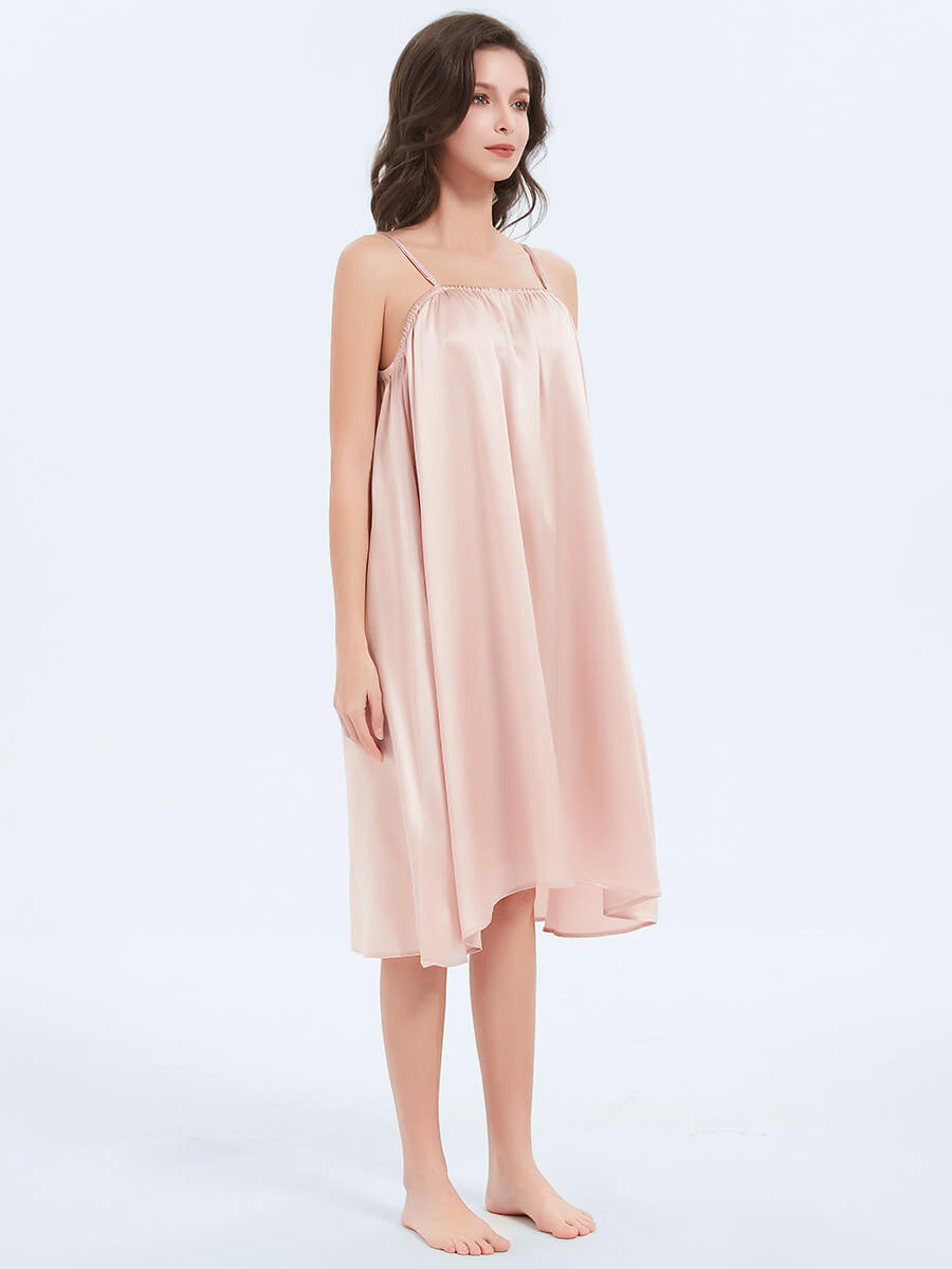 22 Momme Rosy Pink Long Pleated Silk Chemise Nightgown