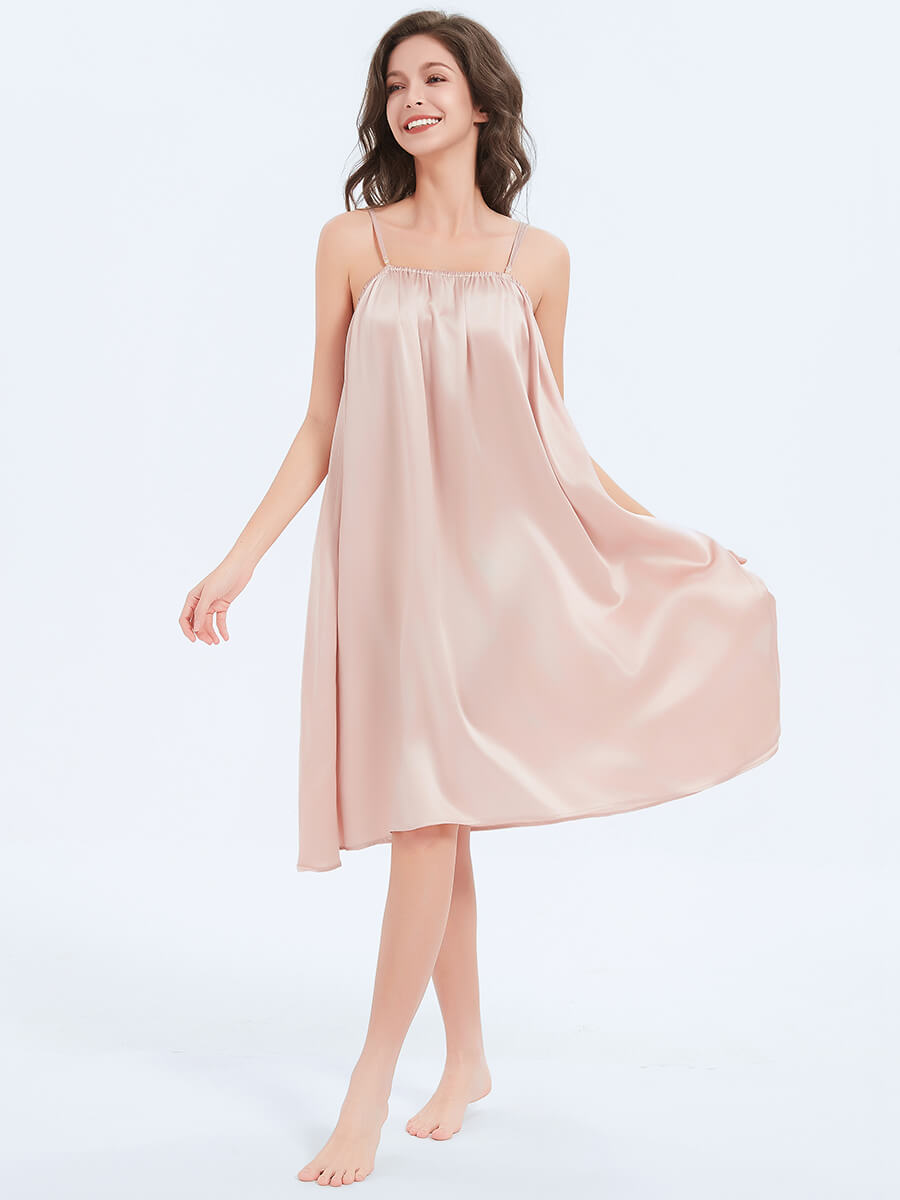 22 Momme Rosy Pink Long Pleated Silk Chemise Nightgown