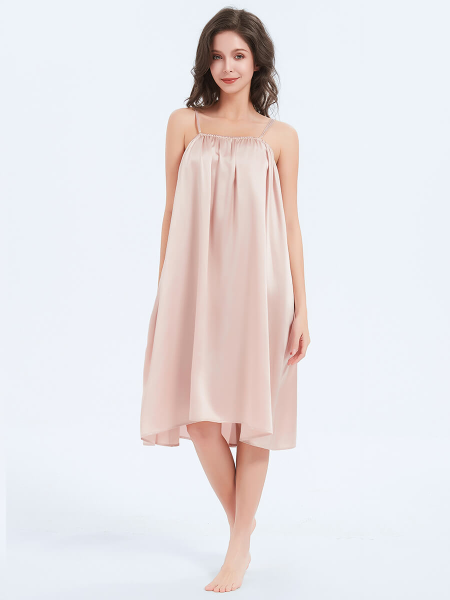 22 Momme Rosy Pink Long Pleated Silk Chemise Nightgown