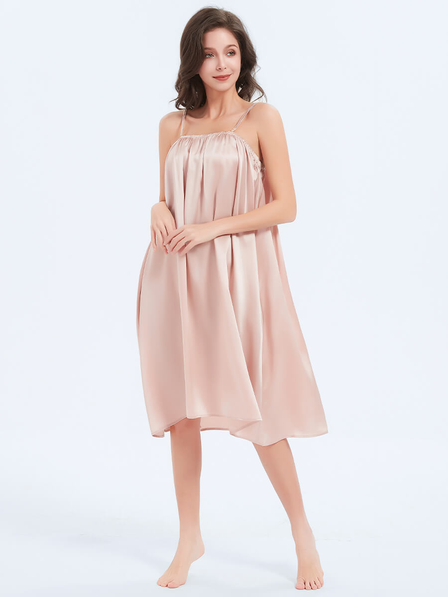 22 Momme Luxurious Flowy Pink Silk Midi Chemise Nightgown