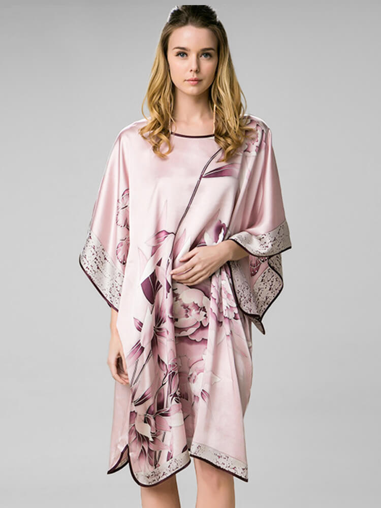 19 Momme Large Floral Pattern Pink Silk Kaftan Nightgown