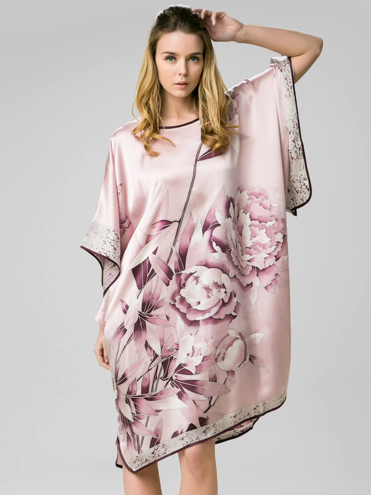 Peony Printed Rosy Pink Silk Caftan With Trimming