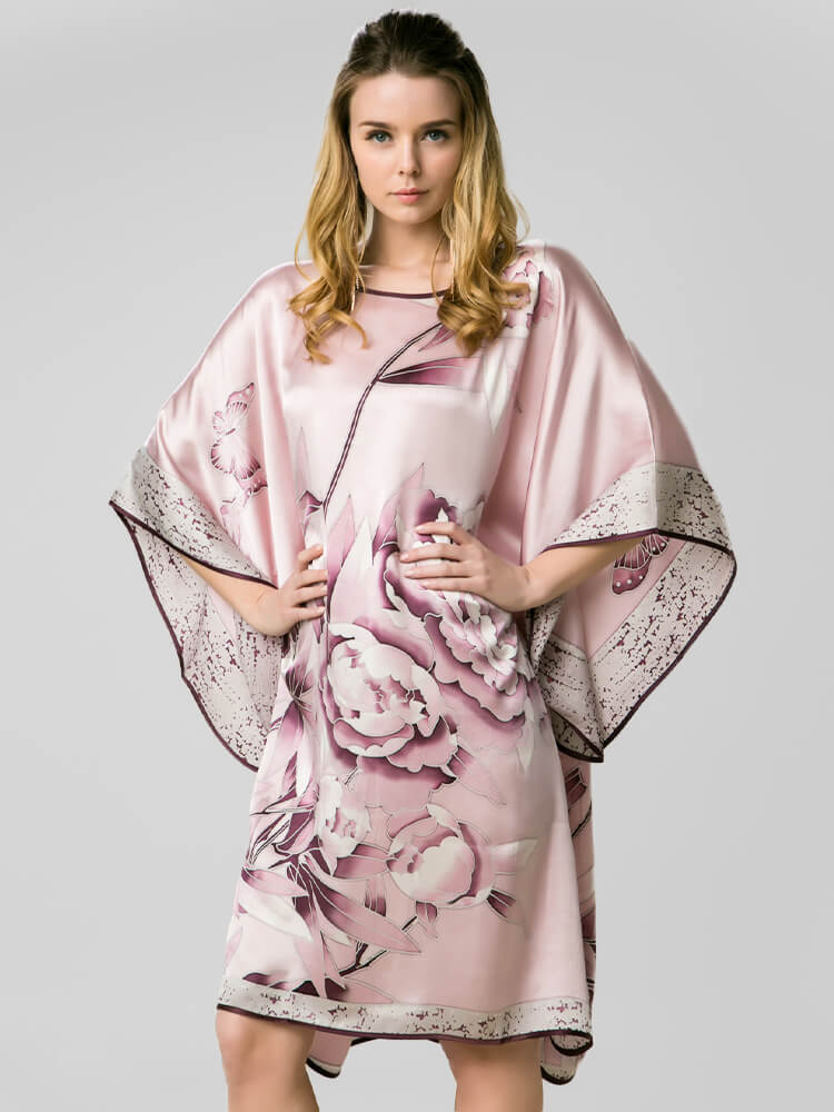 Peony Printed Rosy Pink Silk Caftan With Trimming