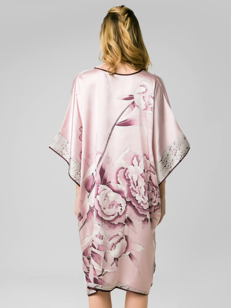 Peony Printed Rosy Pink Silk Caftan With Trimming