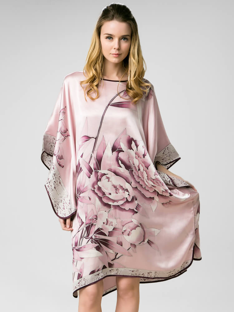 Peony Printed Rosy Pink Silk Caftan With Trimming