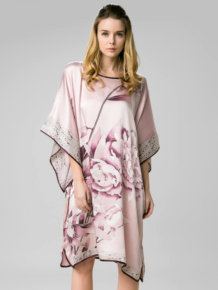 Rosy Pink Peony Floral Pure Mulberry Silk Kaftan Nightdress