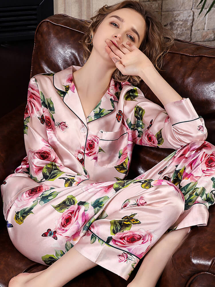 19 Momme Rose Floral Black Pink Long Silk Pajama Set