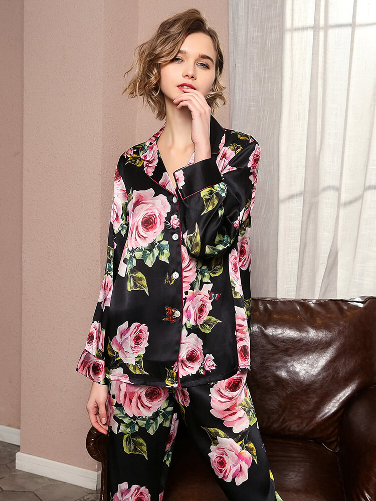 19 Momme Rose Floral Black Pink Long Silk Pajama Set [FS101] - $199.00 ...