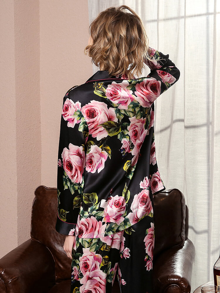 19 Momme Rose Floral Black Pink Long Silk Pajama Set