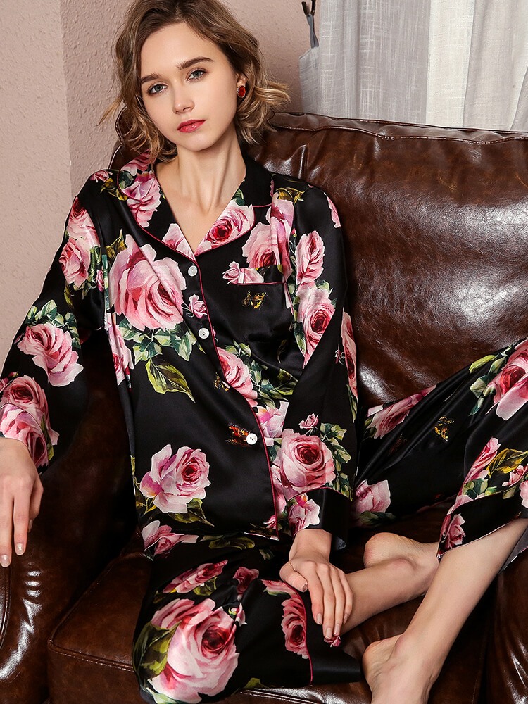 19 Momme Rose Floral Black Pink Long Silk Pajama Set