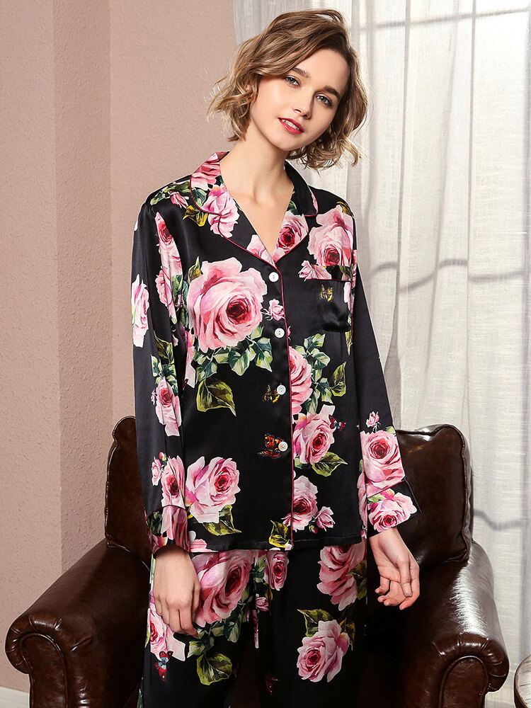 19 Momme Rose Floral Black Pink Long Silk Pajama Set [FS101] - $199.00 :  FreedomSilk, Best Silk Pillowcases, Silk Sheets, Silk Pajamas For Women,  Silk Nightgowns Online Store