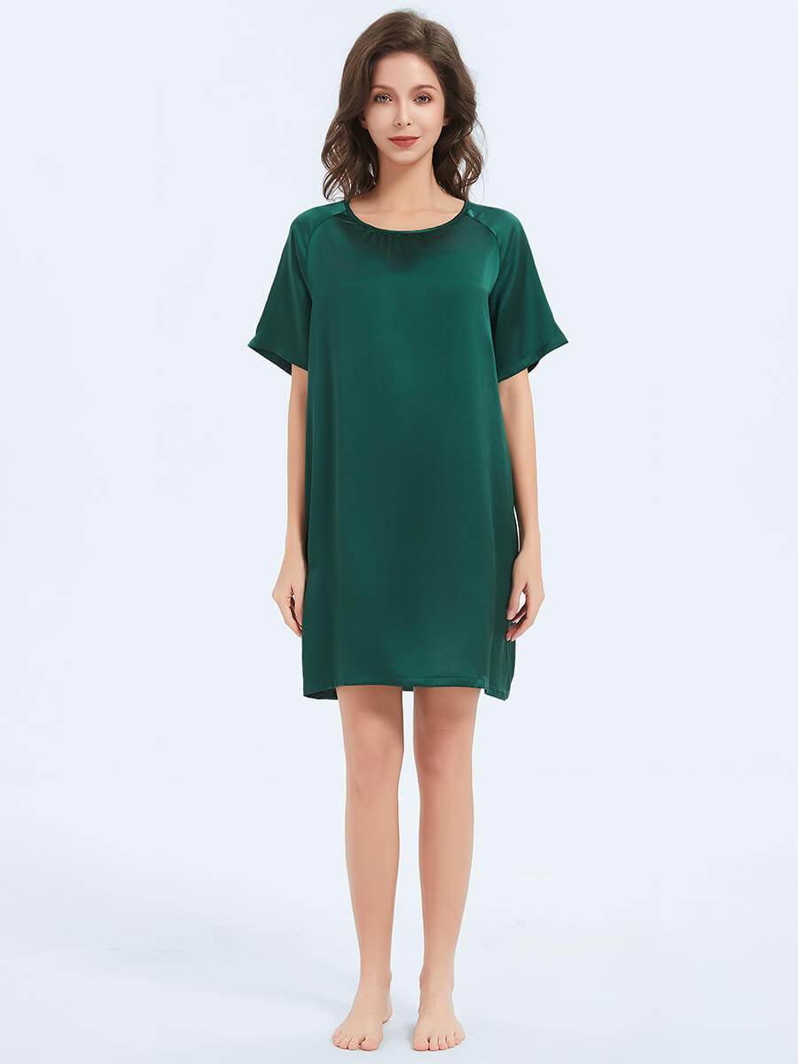 22MM Emerald Green Relaxed Silk Nightgown with Short Sleeves