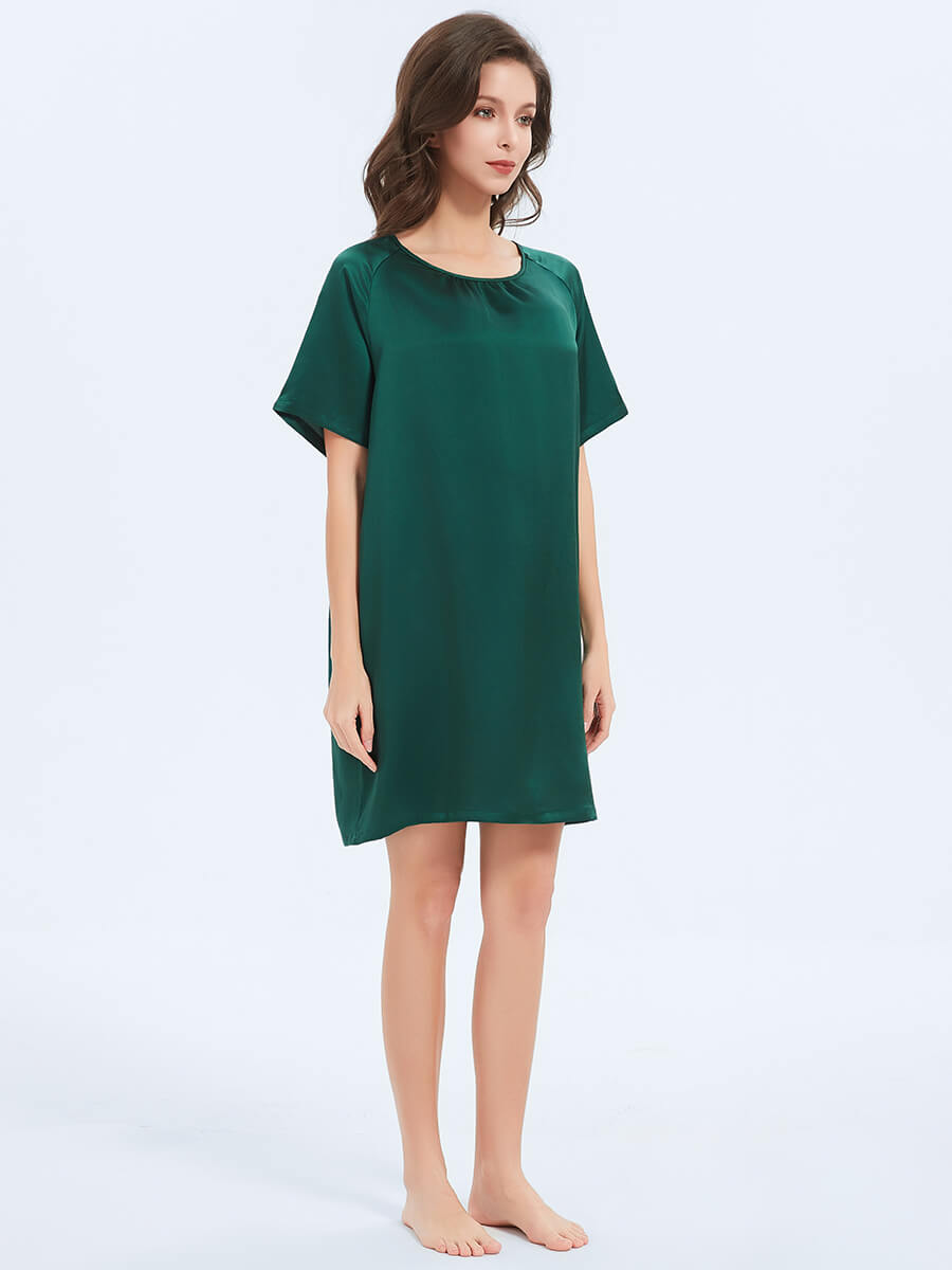 22MM Emerald Green Relaxed Silk Nightgown with Short Sleeves