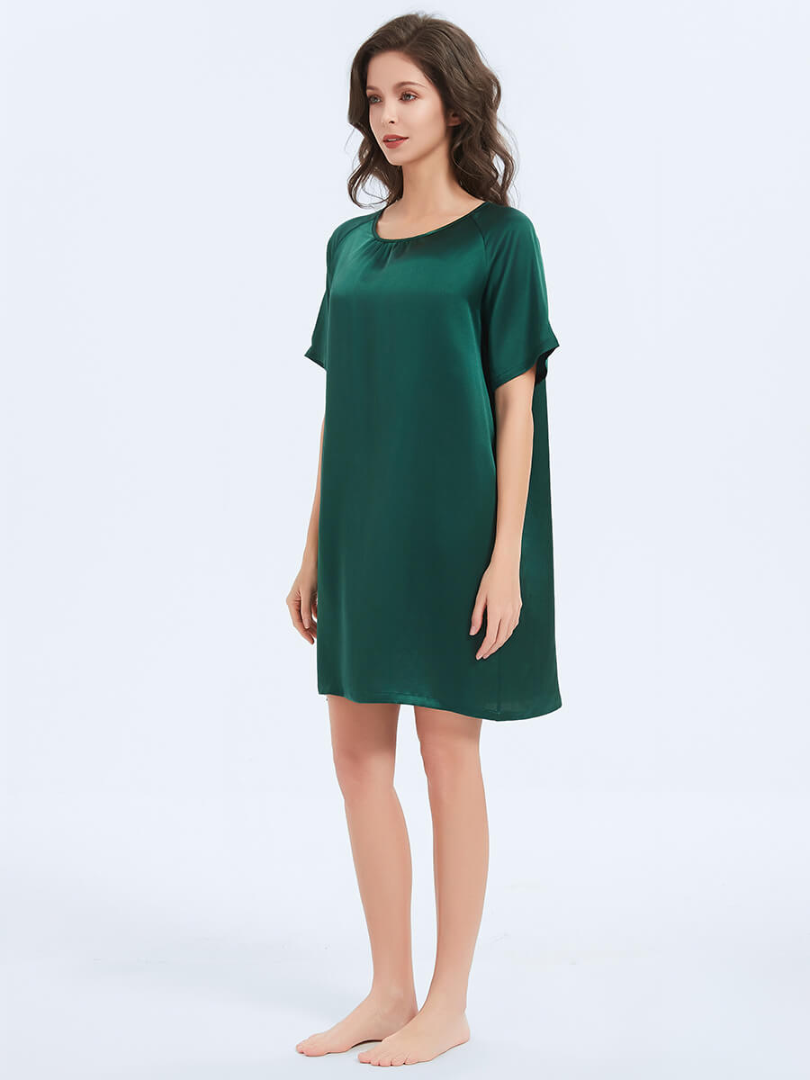 22MM Emerald Green Relaxed Silk Nightgown with Short Sleeves