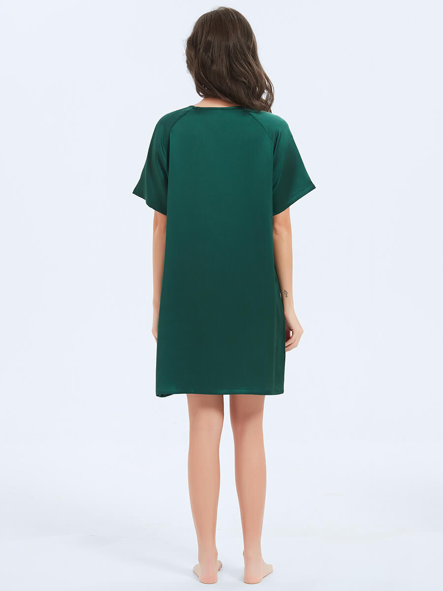 22MM Emerald Green Relaxed Silk Nightgown with Short Sleeves