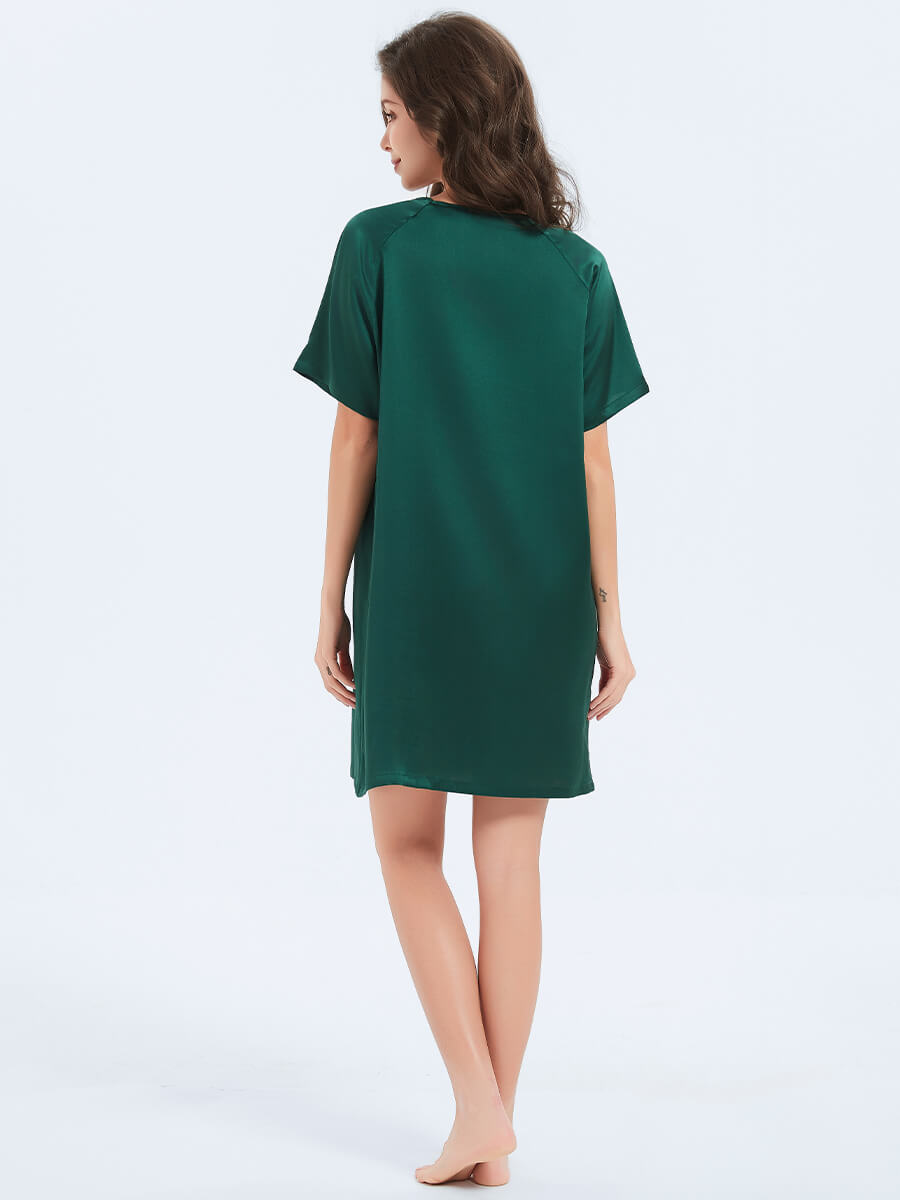 22MM Emerald Green Relaxed Silk Nightgown with Short Sleeves