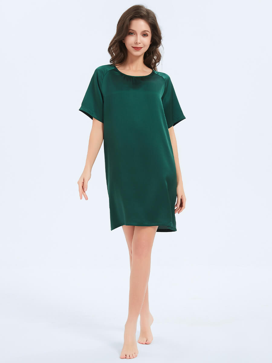 22MM Emerald Green Relaxed Silk Nightgown with Short Sleeves