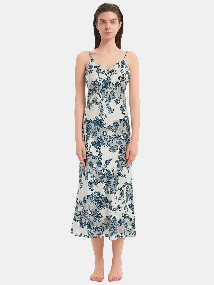 22 Momme Romantic Blue Floral Print Bias-cut Long Silk Nightgown