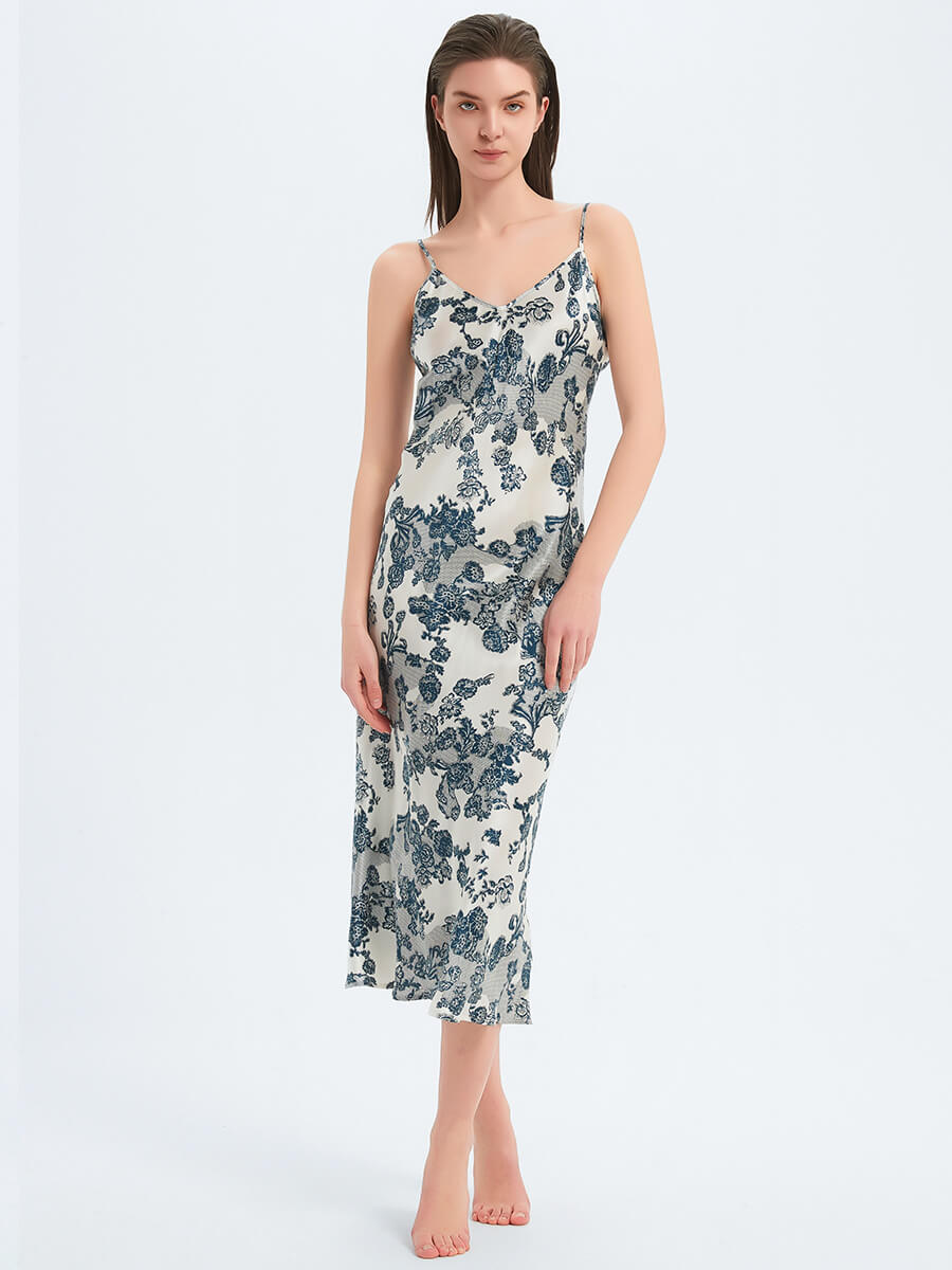 Navy Blue Floral and Lace Printed Long Ivory Silk Slip Nightgown