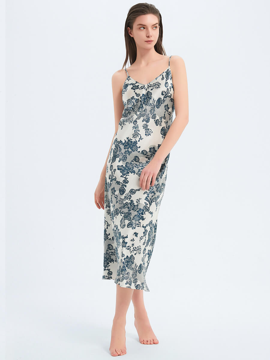 Navy Blue Floral and Lace Printed Long Ivory Silk Slip Nightgown