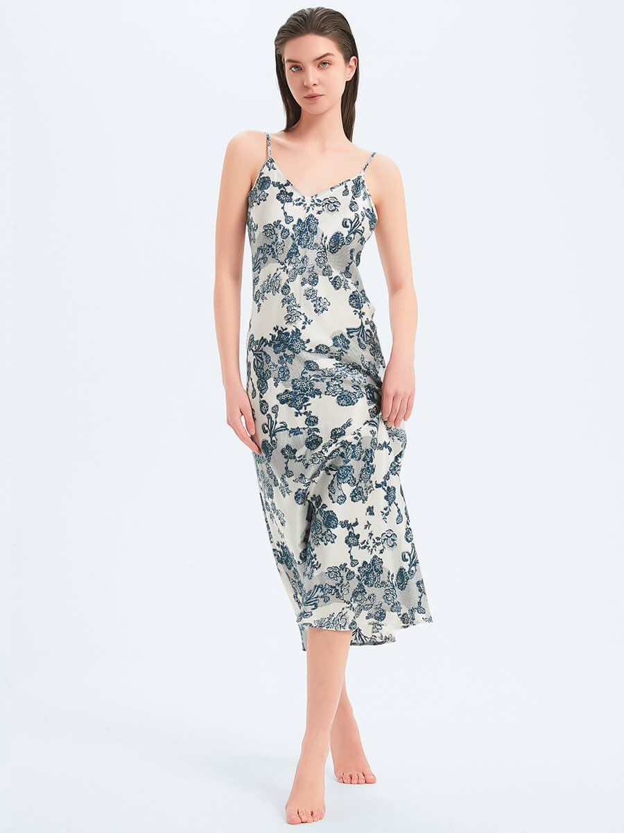 Navy Blue Floral and Lace Printed Long Ivory Silk Slip Nightgown