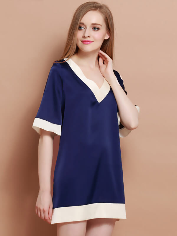 19 Momme Contrast A-line V-Neck Silk Nightgown